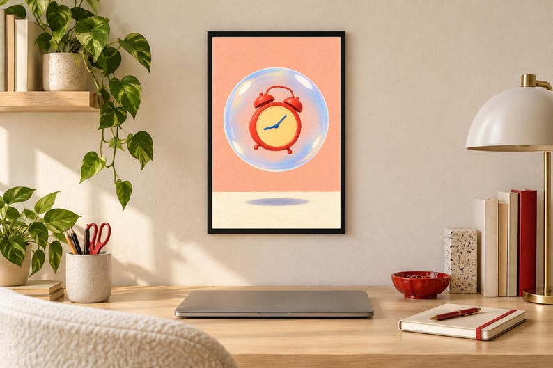 May include: A framed wall art print featuring a red analog alarm clock encased within a transparent bubble, set against a solid peach-colored background. The clock has a yellow face with blue hands and sits above a dark oval shadow on the floor.