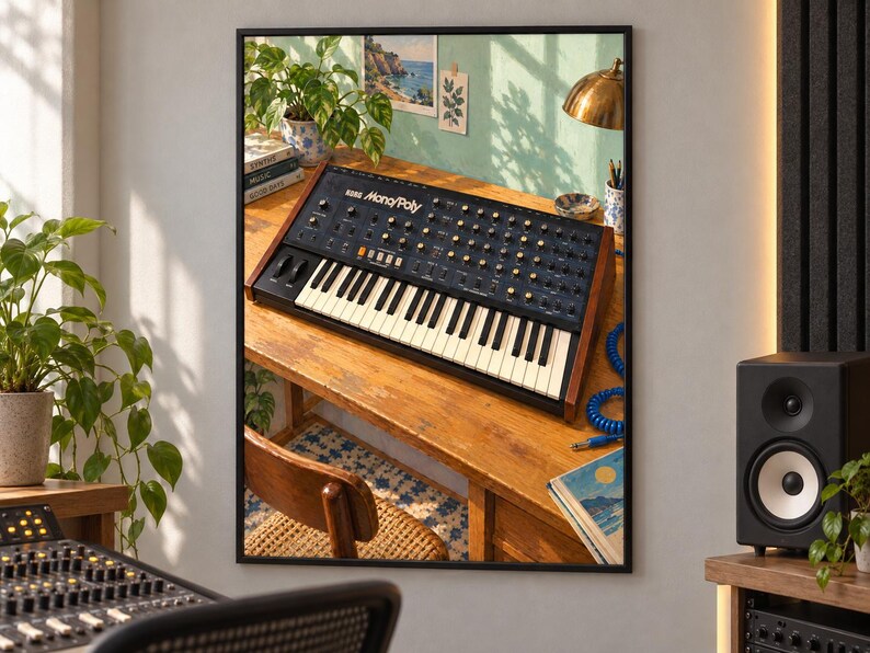 May include: A Korg Mono/Poly analog synthesizer featuring a black control panel with numerous knobs, switches, and a keyboard with white and black keys, housed in a wooden frame, positioned on a wooden desk surface in a studio environment.