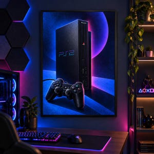 May include: A framed wall art print featuring a black PlayStation 2 console and a matching black DualShock 2 controller. The artwork displays the PS2 logo in blue text against a dark background with vibrant blue and purple neon circular lighting effects.