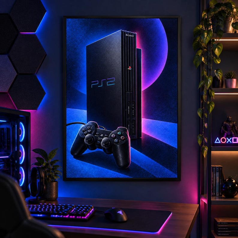 May include: A framed wall art print featuring a black PlayStation 2 console and a matching black DualShock 2 controller. The artwork displays the PS2 logo in blue text against a dark background with vibrant blue and purple neon circular lighting effects.