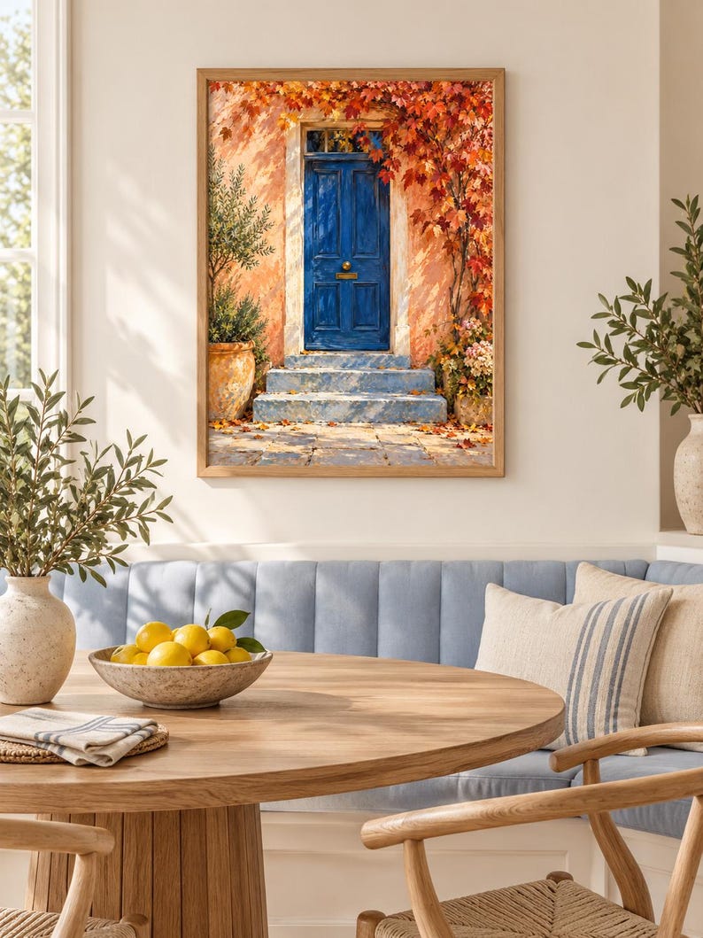 May include: A framed wall art print depicting a vibrant blue door set into a peach-coloured wall, surrounded by autumn foliage in shades of red and orange. The scene includes stone steps, potted plants, and fallen leaves on the ground.