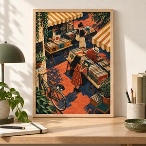 Pu&ograve; includere: Una stampa artistica incorniciata che raffigura un mercato di dischi in vinile all'aperto con persone che sfogliano casse sotto tende a righe. Una bicicletta &egrave; parcheggiata vicino a un muro di pietra con rampicanti e un gatto riposa al sole.