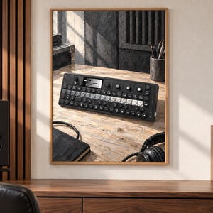 K&ouml;nnte beinhalten: Ein gerahmter Wandkunstdruck, der einen schwarzen tragbaren Synthesizer mit einer Tastenoberfl&auml;che, einem kleinen digitalen Display und verschiedenen Drehreglern zeigt. Der Synthesizer liegt auf einer strukturierten Holzoberfl&auml;che.