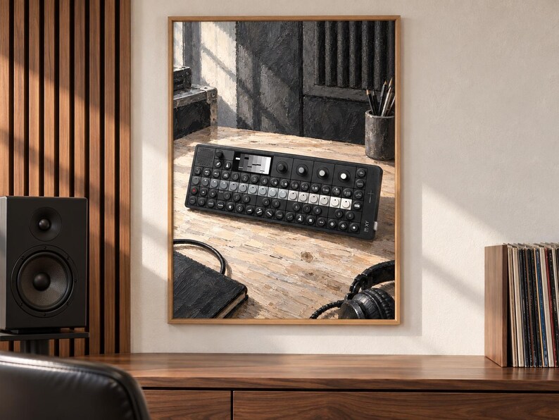 K&ouml;nnte beinhalten: Ein gerahmter Wandkunstdruck, der einen schwarzen tragbaren Synthesizer mit einer Tastenoberfl&auml;che, einem kleinen digitalen Display und verschiedenen Drehreglern zeigt. Der Synthesizer liegt auf einer strukturierten Holzoberfl&auml;che.