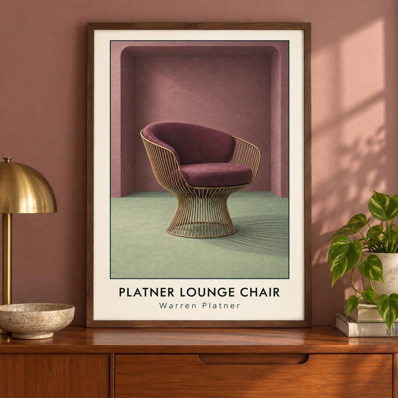 May include: A framed wall art print featuring a purple upholstered lounge chair with a gold wire base. The text at the bottom reads PLATNER LOUNGE CHAIR and Warren Platner. The chair is set against a mauve arched wall and a light green floor.