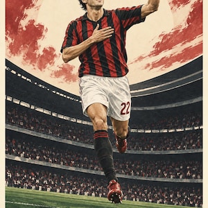 May include: A poster featuring a soccer player in a red and black striped jersey and white shorts with the number 22, celebrating on a field. The background shows a stadium and a large red sun. The text KAK&Aacute; FOOTBALL LEGENDS 03 is at the bottom.