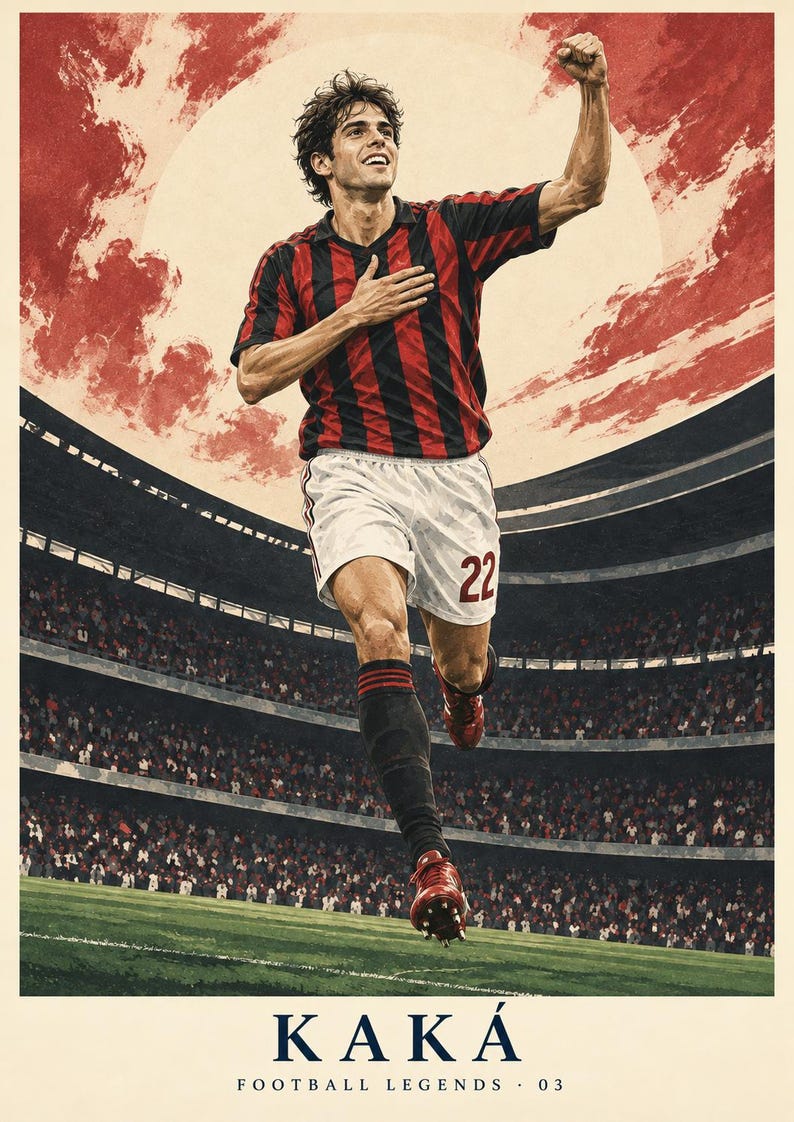 May include: A poster featuring a soccer player in a red and black striped jersey and white shorts with the number 22, celebrating on a field. The background shows a stadium and a large red sun. The text KAK&Aacute; FOOTBALL LEGENDS 03 is at the bottom.