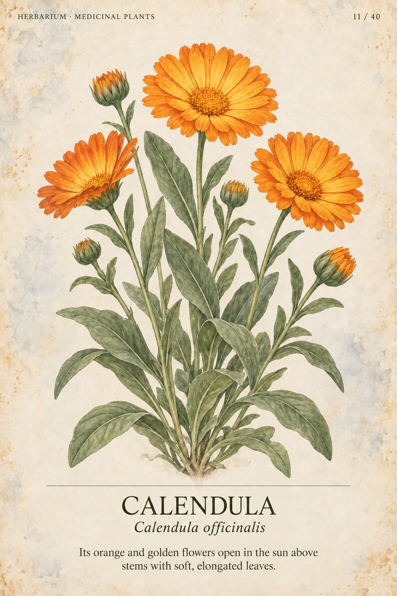May include: A botanical illustration of a Calendula plant with vibrant orange flowers and green elongated leaves. The text reads HERBARIUM MEDICINAL PLANTS 11 / 40, CALENDULA Calendula officinalis, and Its orange and golden flowers open in the sun.