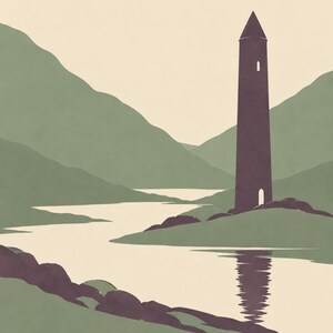 Peut inclure: Une impression d'art minimaliste repr&eacute;sentant une haute tour ronde violet fonc&eacute; sur une rive herbeuse verte au bord d'une rivi&egrave;re sinueuse. L'arri&egrave;re-plan montre des collines vertes superpos&eacute;es sous un ciel cr&egrave;me. Le mot WICKLOW est inscrit en noir.