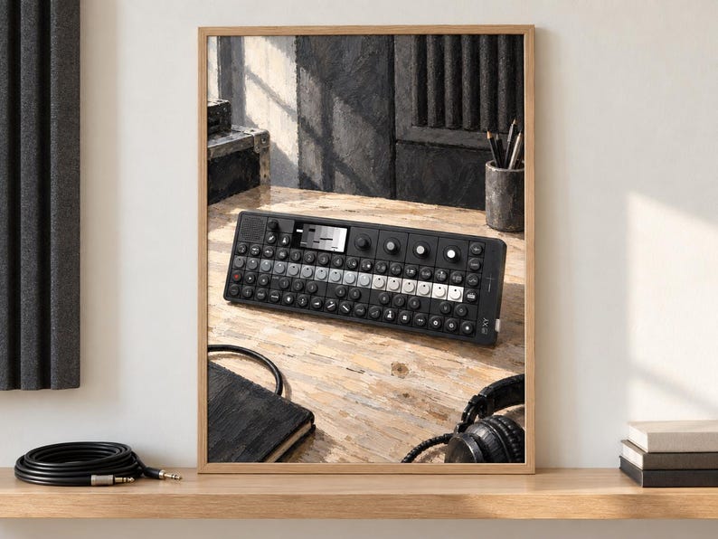 K&ouml;nnte beinhalten: Ein schwarzer, tragbarer Synthesizer mit rechteckigem Geh&auml;use, einem monochromen Display, zahlreichen runden Drehreglern sowie einem Tastenfeld aus wei&szlig;en und schwarzen Kn&ouml;pfen. Das Ger&auml;t ist in einem Holzrahmen abgebildet.