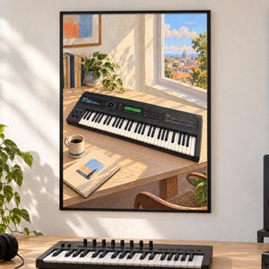 May include: A framed wall art print depicting a black synthesizer keyboard on a wooden desk next to a coffee mug and a book, with a window view of a city landscape. The keyboard features white and black keys, a green display, and the text Roland D-50.