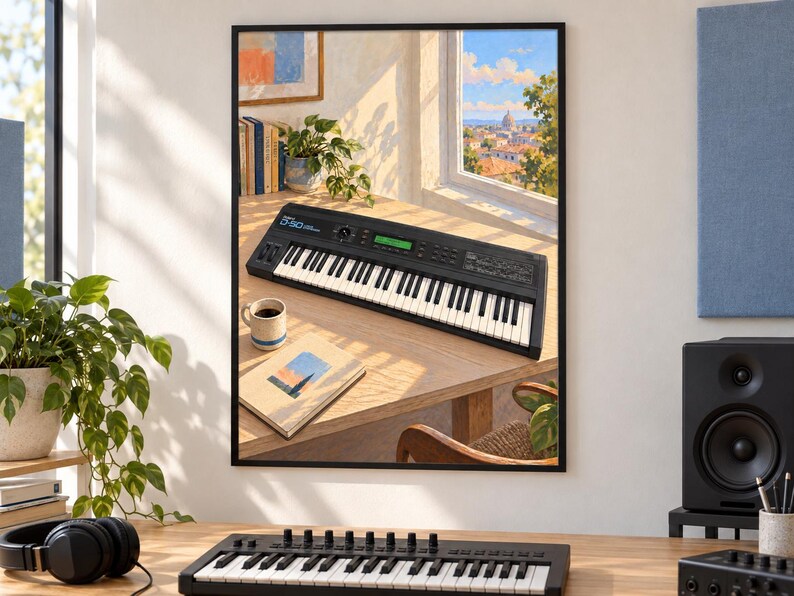 May include: A framed wall art print depicting a black synthesizer keyboard on a wooden desk next to a coffee mug and a book, with a window view of a city landscape. The keyboard features white and black keys, a green display, and the text Roland D-50.