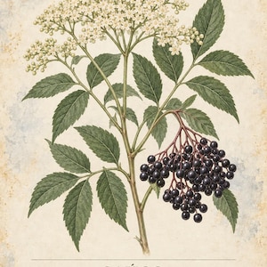 May include: A botanical illustration of a Sambucus nigra plant on a textured beige background. The image features green compound leaves, clusters of small white flowers, and dark purple berries. Text at the top reads HERBARIO PLANTAS MEDICINALES 25 / 40, with SA&Uacute;CO Sambucus nigra and a description at the bottom.
