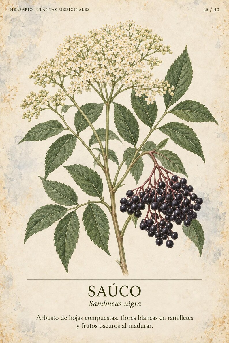 May include: A botanical illustration of a Sambucus nigra plant on a textured beige background. The image features green compound leaves, clusters of small white flowers, and dark purple berries. Text at the top reads HERBARIO PLANTAS MEDICINALES 25 / 40, with SA&Uacute;CO Sambucus nigra and a description at the bottom.