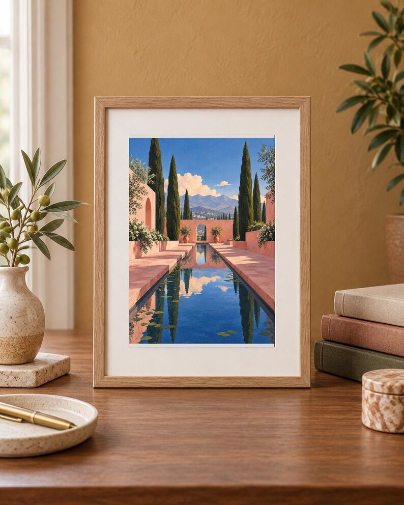 Pu&ograve; includere: Una stampa artistica incorniciata raffigurante un paesaggio mediterraneo con una lunga piscina riflettente rettangolare, alti cipressi, pareti in stucco rosa e montagne in lontananza sotto un cielo azzurro, in una cornice di legno chiaro.