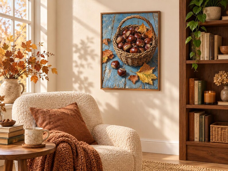 May include: A framed wall art print depicting a woven basket filled with brown chestnuts and scattered autumn leaves resting on a weathered blue wooden surface. The artwork features a rustic harvest theme with warm orange and yellow foliage tones.