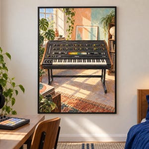 May include: A framed wall art print depicting a vintage Yamaha CS-80 analog synthesizer. The instrument features a black control panel with numerous knobs, sliders, and switches, a wooden frame, and a standard keyboard, all mounted on a metal stand.