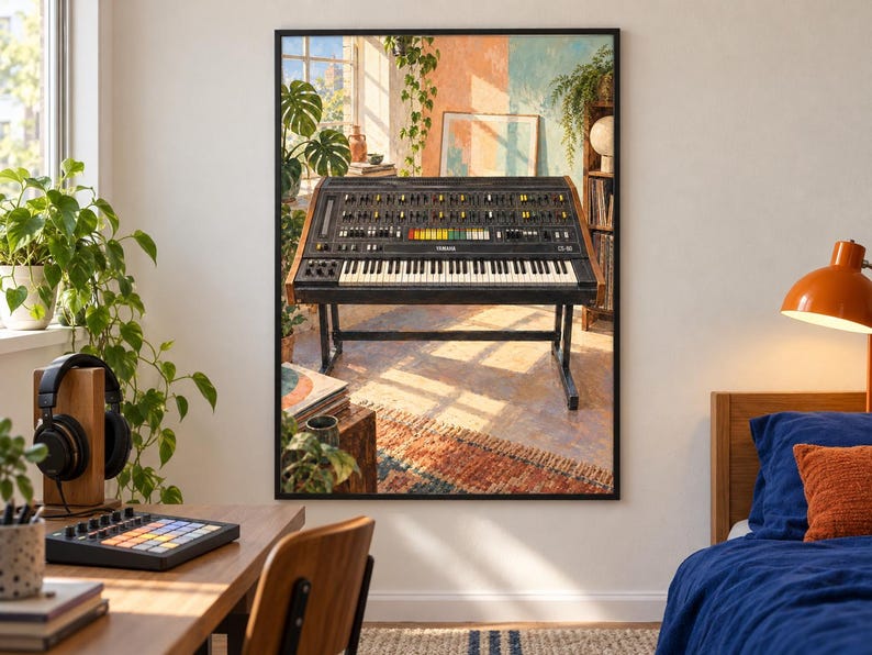 May include: A framed wall art print depicting a vintage Yamaha CS-80 analog synthesizer. The instrument features a black control panel with numerous knobs, sliders, and switches, a wooden frame, and a standard keyboard, all mounted on a metal stand.