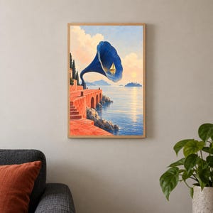 May include: A framed wall art print depicting a surreal coastal scene with a large blue gramophone horn floating above a terracotta-colored stone pier. A small sailboat is visible inside the horn, set against a calm sea, distant islands, and a sunset sky.