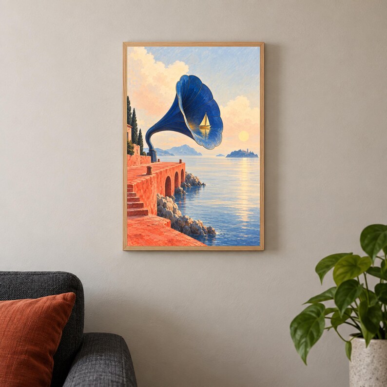 May include: A framed wall art print depicting a surreal coastal scene with a large blue gramophone horn floating above a terracotta-colored stone pier. A small sailboat is visible inside the horn, set against a calm sea, distant islands, and a sunset sky.