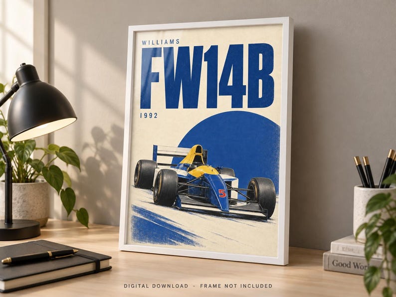 May include: A framed poster featuring a blue and yellow Williams FW14B Formula One race car with the number 5 on the nose. The text reads WILLIAMS FW14B 1992. The design includes a large blue circle against a cream background with blue brush strokes.