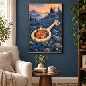 Pu&ograve; includere: Una stampa d'arte da parete incorniciata raffigurante un paesaggio surreale con una grande chiave dalla consistenza simile alla pietra adagiata in un campo di fiori blu. L'anello della chiave contiene un sentiero a spirale e una luna crescente.
