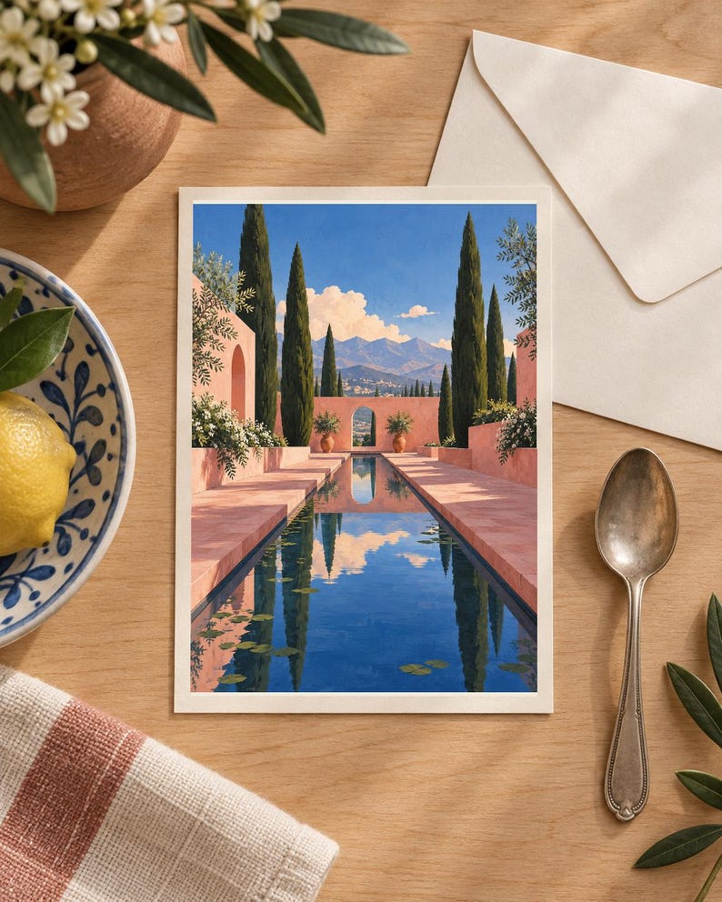Pu&ograve; includere: Una stampa d'arte rettangolare che raffigura un paesaggio mediterraneo con una lunga e stretta piscina riflettente blu fiancheggiata da alti cipressi e muri in stucco rosa. La scena include una catena montuosa in lontananza sotto un cielo azzurro.