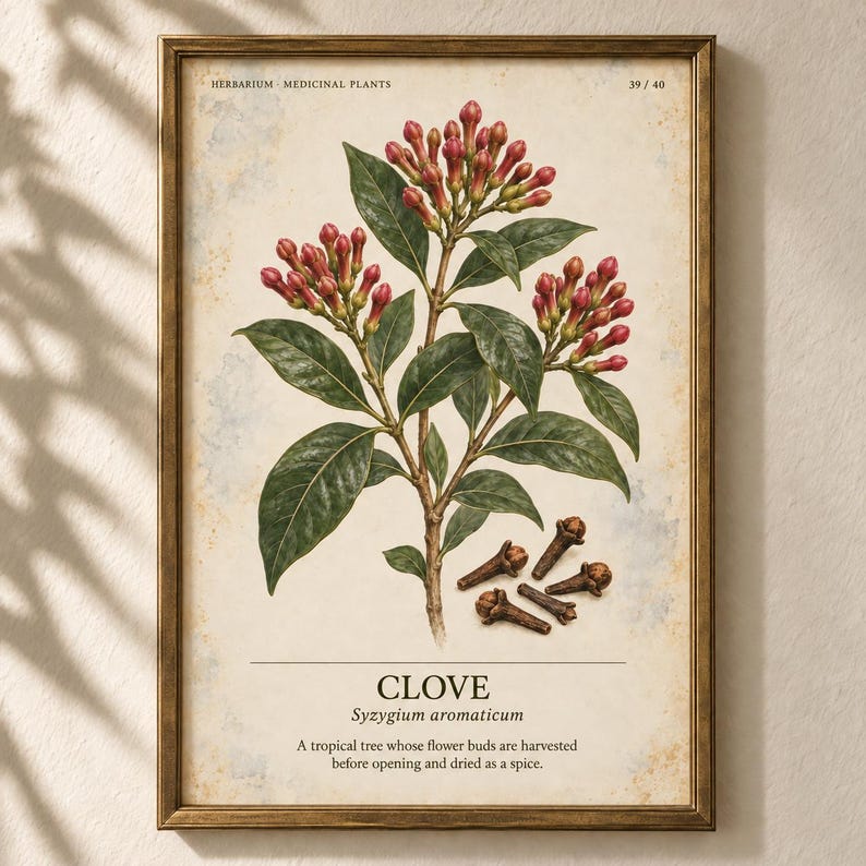 Puede incluir: Una l&aacute;mina bot&aacute;nica enmarcada que muestra una planta de clavo con hojas verdes y racimos de capullos rojos. Debajo de la planta hay varios clavos secos de color marr&oacute;n. El texto dice HERBARIUM MEDICINAL PLANTS 39/40, CLOVE, Syzygium aromaticum y una descripci&oacute;n.