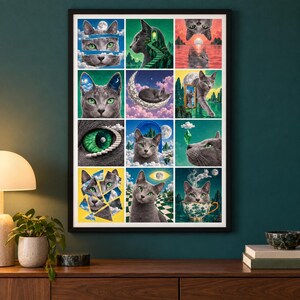 May include: A framed wall art print featuring a grid of twelve surreal illustrations of a grey cat with green eyes. The artwork depicts the cat in various dreamlike settings, including celestial landscapes, geometric patterns, and whimsical scenes.