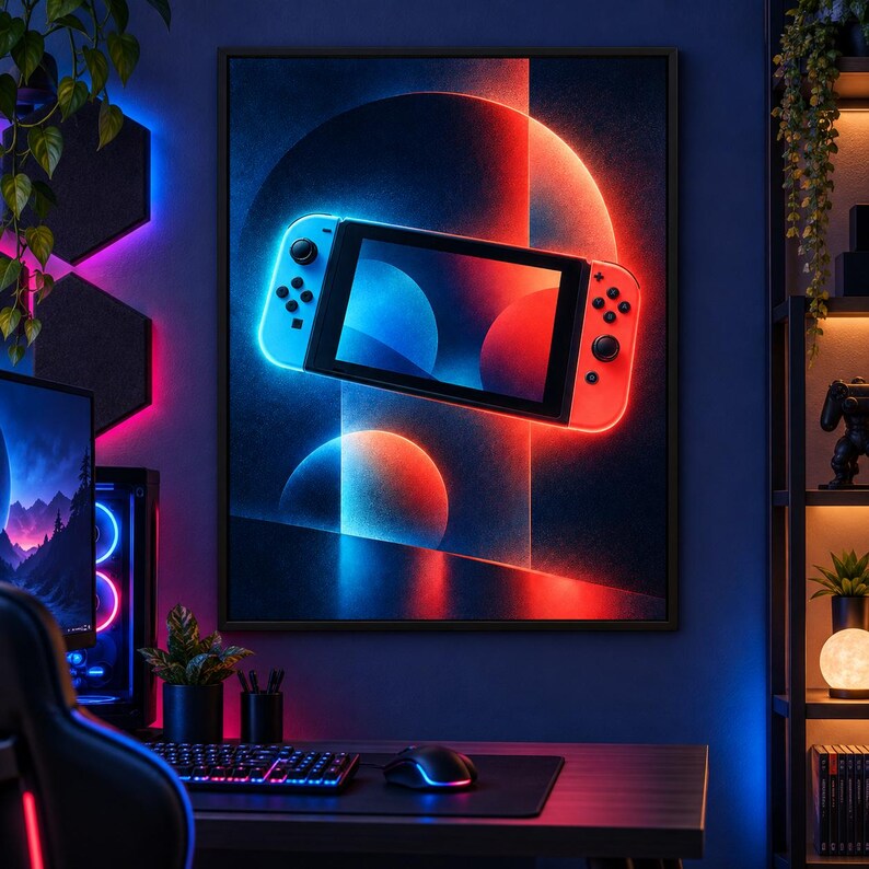 K&ouml;nnte beinhalten: Ein gerahmter Wandkunstdruck, der eine tragbare Spielkonsole mit einem blauen linken Controller und einem roten rechten Controller zeigt, vor einem dunklen Hintergrund mit leuchtenden blauen und orangefarbenen Kreiseffekten und vertikalen Lichtstrahlen.