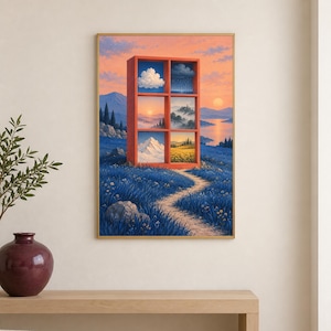 May include: A rectangular wall art print featuring a red six-compartment shelf standing in a blue grassy field. Each shelf section displays a different landscape scene, including clouds, rain, mountains, and a sunset over a calm lake.
