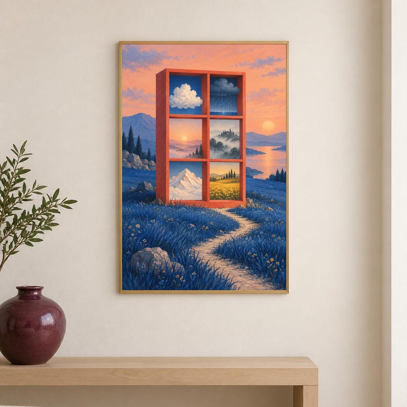 May include: A rectangular wall art print featuring a red six-compartment shelf standing in a blue grassy field. Each shelf section displays a different landscape scene, including clouds, rain, mountains, and a sunset over a calm lake.