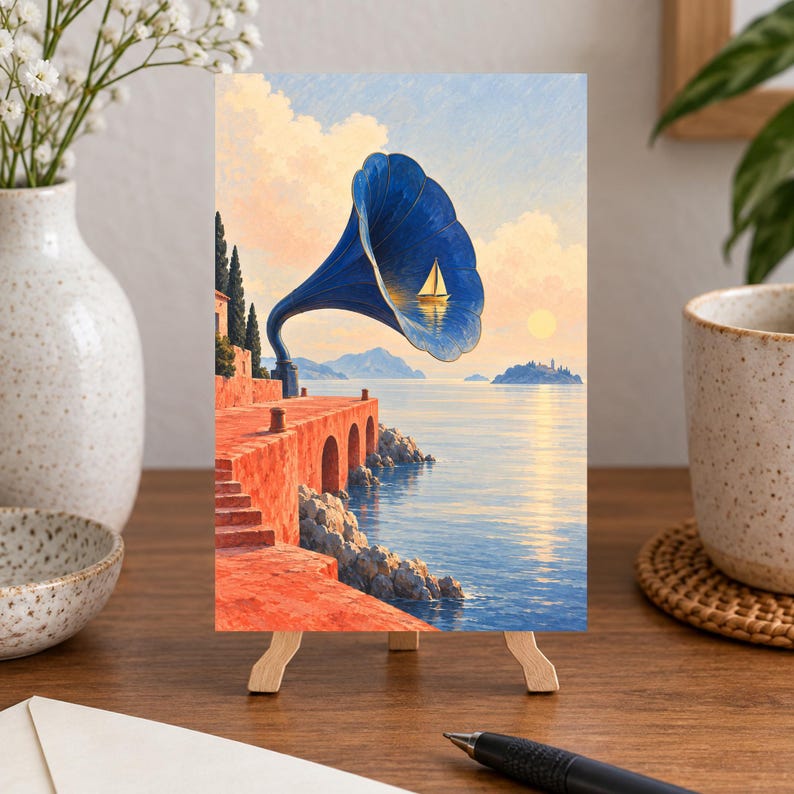 May include: A rectangular art print on a wooden easel featuring a surreal painting of a large blue gramophone horn positioned on a terracotta-colored stone pier. A small white sailboat floats inside the horn, with a calm sea and sunset in the background.