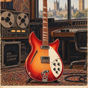 May include: A Rickenbacker 360/12 1964 twelve-string electric guitar with a red and orange sunburst finish, a white pickguard, two pickups, and a chrome R-tailpiece. The text RICKENBACKER 360/12 1964 is printed at the bottom of the image.