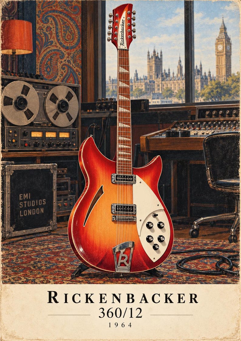 May include: A Rickenbacker 360/12 1964 twelve-string electric guitar with a red and orange sunburst finish, a white pickguard, two pickups, and a chrome R-tailpiece. The text RICKENBACKER 360/12 1964 is printed at the bottom of the image.