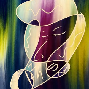 May include: An abstract painting featuring a central face-like figure outlined in white lines against a vertical gradient background of deep blue, purple, and yellow. The composition includes overlapping organic shapes and wavy line patterns.