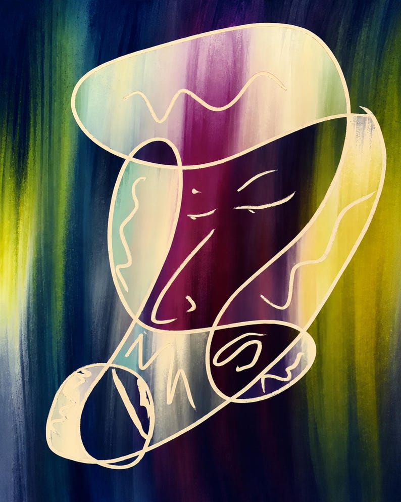 May include: An abstract painting featuring a central face-like figure outlined in white lines against a vertical gradient background of deep blue, purple, and yellow. The composition includes overlapping organic shapes and wavy line patterns.