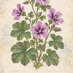 Op de afbeelding: Een botanische illustratie van een Malva sylvestris plant met paarse bloemen met donkere nerven en groene gelobde bladeren. De print bevat de tekst HERBARIO PLANTAS MEDICINALES 27/40, MALVA, Malva sylvestris en een Spaanstalige beschrijving.