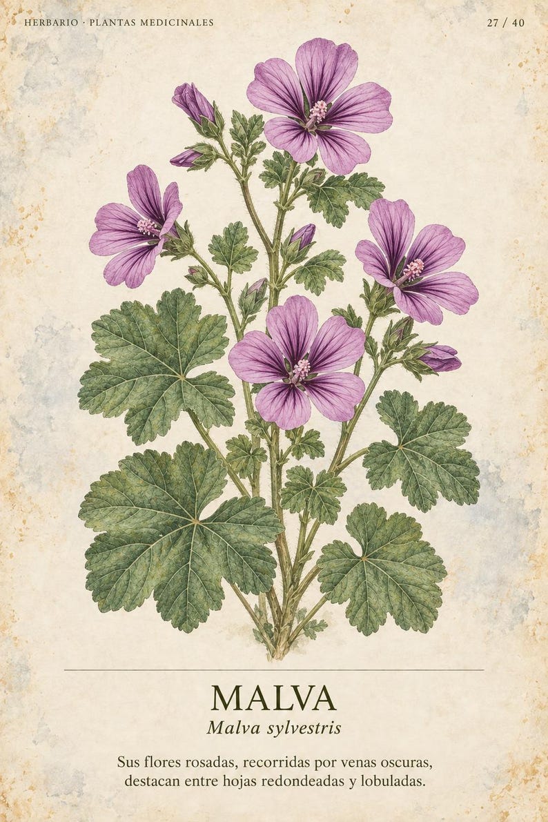 Op de afbeelding: Een botanische illustratie van een Malva sylvestris plant met paarse bloemen met donkere nerven en groene gelobde bladeren. De print bevat de tekst HERBARIO PLANTAS MEDICINALES 27/40, MALVA, Malva sylvestris en een Spaanstalige beschrijving.