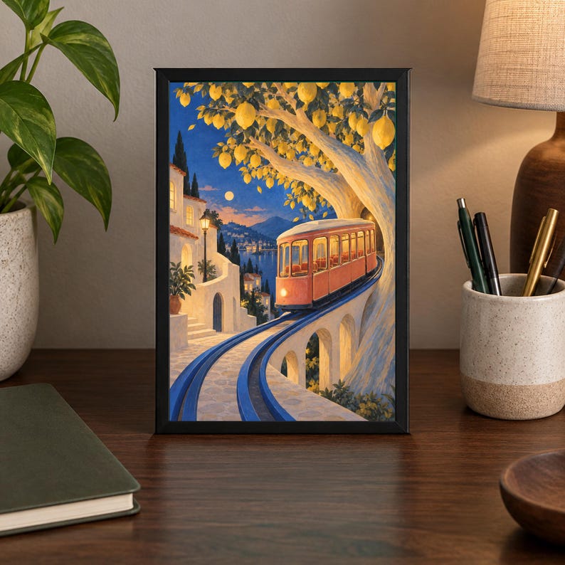 K&ouml;nnte beinhalten: Ein gerahmter vertikaler Kunstdruck, der eine rote Stra&szlig;enbahn zeigt, die in der D&auml;mmerung auf Schienen durch eine K&uuml;stenstadt f&auml;hrt. Ein gro&szlig;er Baum mit gelben Zitronen h&auml;ngt &uuml;ber der Bahn, w&auml;hrend wei&szlig;e Geb&auml;ude und das blaue Meer zu sehen sind.
