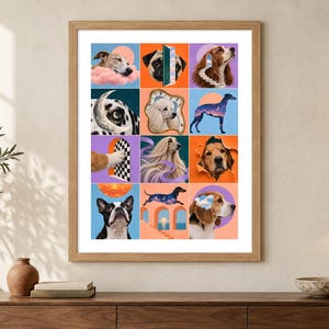 K&ouml;nnte beinhalten: Ein gerahmter Wandkunstdruck mit einem Raster aus zw&ouml;lf surrealen Illustrationen verschiedener Hunderassen. Jedes Quadrat zeigt ein einzigartiges Hundeportr&auml;t, das mit fantasievollen Elementen wie Wolken, Monden, Treppen und T&uuml;ren in leuchtenden Farben kombiniert ist.