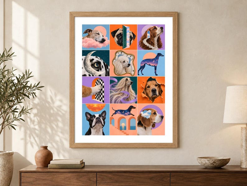 K&ouml;nnte beinhalten: Ein gerahmter Wandkunstdruck mit einem Raster aus zw&ouml;lf surrealen Illustrationen verschiedener Hunderassen. Jedes Quadrat zeigt ein einzigartiges Hundeportr&auml;t, das mit fantasievollen Elementen wie Wolken, Monden, Treppen und T&uuml;ren in leuchtenden Farben kombiniert ist.
