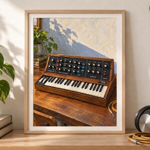 May include: A framed print featuring a vintage analogue synthesiser with a dark wood casing, a black control panel with numerous knobs and switches, and a white and black keyboard. The Moog logo is visible on the right side of the control panel.