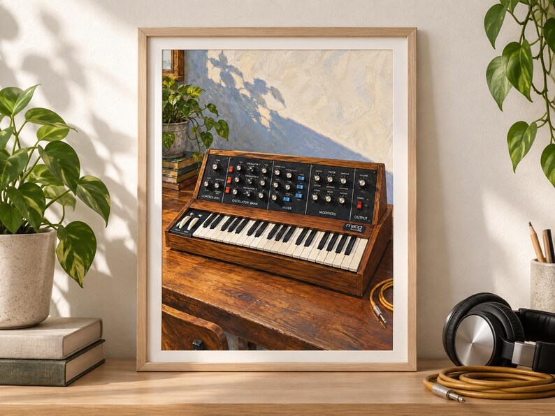May include: A framed print featuring a vintage analogue synthesiser with a dark wood casing, a black control panel with numerous knobs and switches, and a white and black keyboard. The Moog logo is visible on the right side of the control panel.