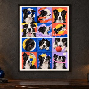 May include: A framed wall art print featuring a grid of twelve colorful panels, each displaying a black and white Border Collie in various poses, including wearing sunglasses, jumping, playing with a red ball, and surrounded by geometric shapes.