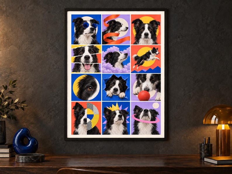 May include: A framed wall art print featuring a grid of twelve colorful panels, each displaying a black and white Border Collie in various poses, including wearing sunglasses, jumping, playing with a red ball, and surrounded by geometric shapes.