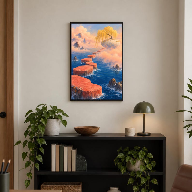 May include: A rectangular wall art print in a black frame depicting a surreal landscape with a series of red stone platforms leading across deep blue water toward a floating island topped with a golden willow tree under a soft pastel sky.
