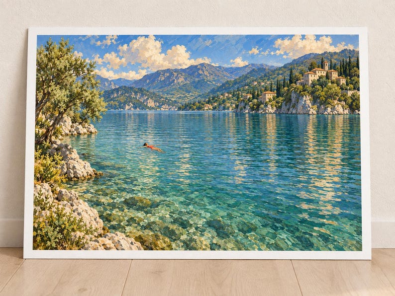 May include: A framed landscape painting depicting a clear blue lake surrounded by rocky cliffs and lush green trees. A small figure swims in the center of the water. In the distance, stone buildings sit atop a cliff under a bright blue sky with clouds.