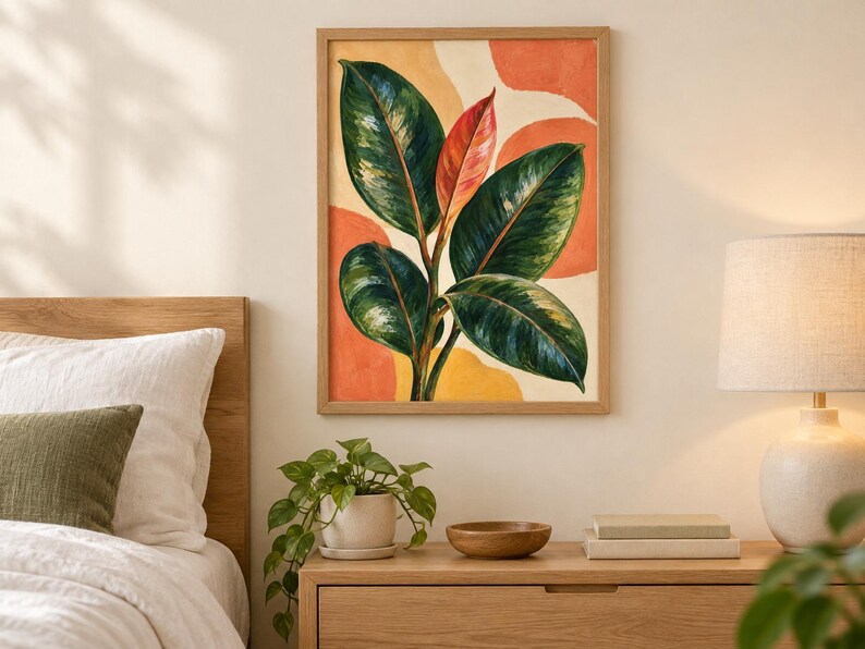 May include: A framed wall art print featuring a botanical illustration of a rubber plant with deep green leaves and one central reddish leaf, set against an abstract background of soft orange and yellow shapes in a light wood frame.