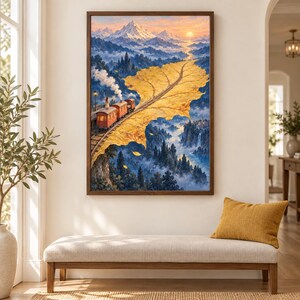 May include: A framed wall art print depicting a surreal landscape where a train travels along tracks laid upon a giant golden leaf. The scene features snow-capped mountains, a misty forest, a waterfall, and a sunset sky in shades of orange and blue.